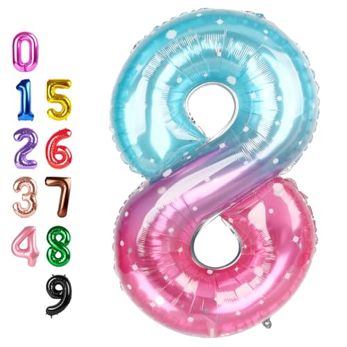 Image of Number Balloons 8 Balloon 40 inch for 8 Birthday Decorations, Blue and Pink | Saturated Color, Large 40 in, With Inflation Straw & Hanging Hole, Great for Men's Party, Back-To-School Season, Pool Party