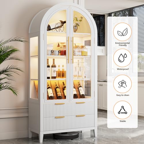 Image of LVSOMT 71 inch Arched Display Cabinet with Glass Doors and RGB Lights, White