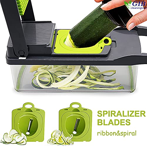 Image of GIB cleaningtool Vegetable Chopper Onion Chopper Pro Spiralizer Multifunctional 15 in 1 Food Chopper, Kitchen Mandoline Slicer Veggie Cutter Dicer With 10 Blades, Potato Tomato Garlic Salad Chopper with Container.