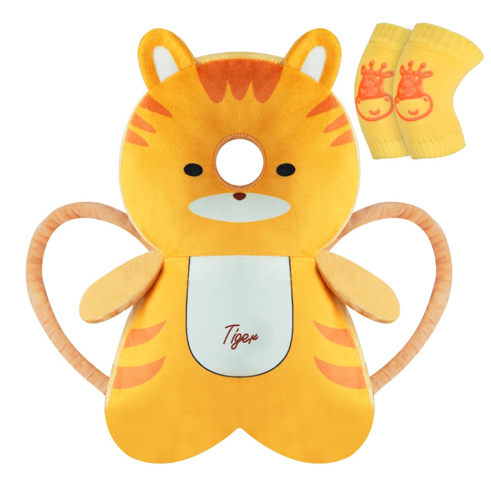 Vicloon Coussin de Protection de la Tête pour Bébé, Coussin de sac à dos Réglable pour Tout-petit avec Genouillères, Harnais de Sécurité pour Bébé de 4 à 24 mois Marche Rampante-Tigre orange