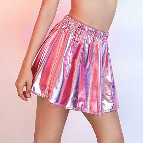 Kakaco Metallic Short Skirt Rave Belly Dance Skirts Disco Costume Party Holographic Skirt For Women And Girls (C-Pink) #TOP2