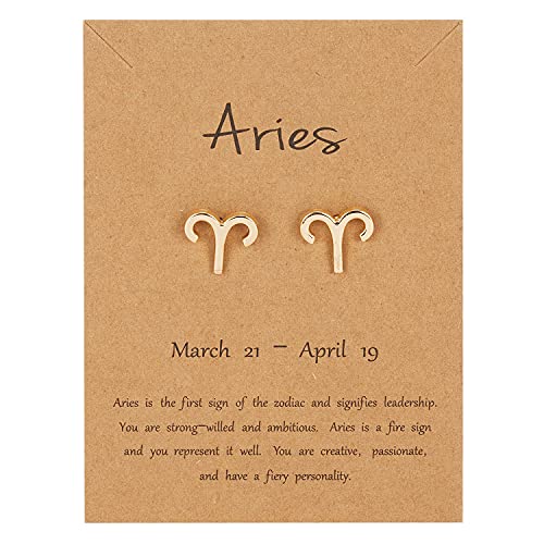 18K Gold Plated Zodiac Stud Earrings 12 Constellation Astrology Card Packaging Horoscope 18K Gold Plated Little Ear Stud for Women Girls Teens Birthday Anniversary Friendship Exquisite Jewelry Gift-Aries