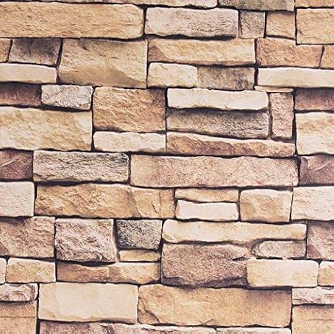 Arthome 43.5X305cm Brown Stone Brick Self Adhesive Wallpaper,Furniture Stickers Brick Effect Contact Paper,Waterproof Gloss PVC Vinyl Wrap Film for Furniture Cover Surface Cover