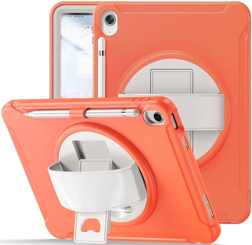 Case for iPad 10th Generation 10.9 Inch 2022, Rugged Heavy Duty Shockproof Drop Protection Case with 360 Rotating Kickstand and Hand Strap, Pencil Holder - Living Coral