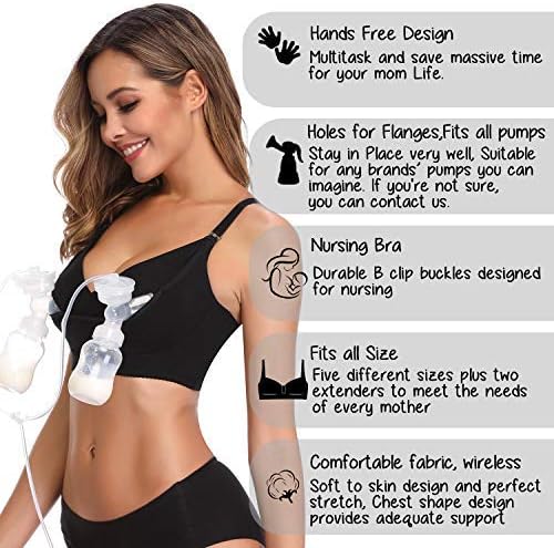 Hands-Free Pumping Bra and Nursing Bra, Adjustable Breastfeeding Bra, Suitable for Breast Pumps, XS-XXXL, L, Black