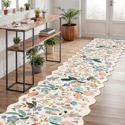 Washable 3x12 Hallway Runner Rug: Soft Floral Scalloped Runners for Entryway Kitchen Nursery Non Slip Bathroom Laundry Floor Mat Water Resistant Light Weight Carpet for Living Room Bedroom(3x12,Cream)
