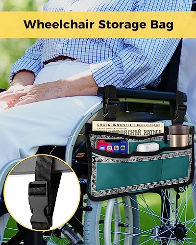 Blue Green Wheelchair Side Bag Walker Bag, Geometric Greek Key Pattern Wheelchair Accessories Armrest Pouch, Organizer Storage Bag for Walkers, Rollators, Scooters, 7.3''x13''