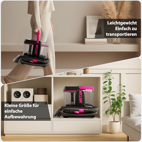 WECLEAN C5 Teppichreiniger Tragbar, Teppich & Polster Reinigungsgerät für Tiefenreinigung, mit 350W Motor, 2-Tank-System und Zubehör für Auto, Couch & hartnäckige Flecken，Schwarz and Rosa