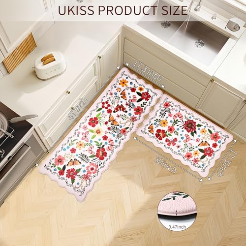 UKISS Kitchen Rugs, 2PCS Waterproof Kitchen Mats, Cushioned Anti Fatigue Kitchen Mat, Non-Slip Boho Comfort Mat for Kitchen, Floor Home, Sink, Laundry,17.3"x28"+17.3"x47", White &Pink (Pink) — view 2