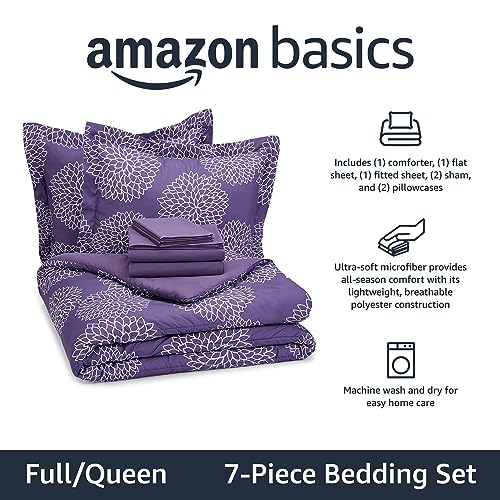 Image of Amazon Basics Full /Queen Comforter Set with Sheets, 7-Piece Purple Floral Bedding, Lightweight Microfiber Bed-in-a-Bag