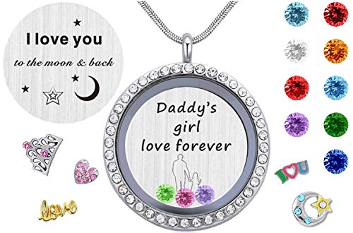 beffy Girls & Boys Gift from Mother,Mom,Mammy, 30mm Round Floating Living Memory Locket Necklace with Backplate Inscription, 12 Birthstone & Charm