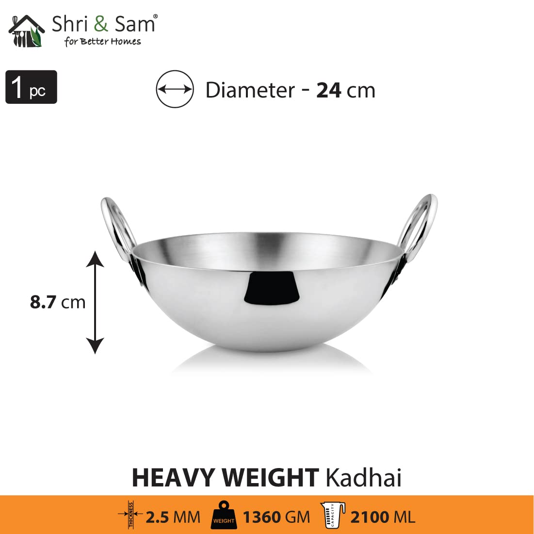 Shri & Sam Stainless Steel Heavy Weight Kadhai, 2.5 mm (Plain, 24cm 2.1 Litre) - Image 2 thumbnail