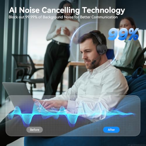 Image of Bluetooth Headset with Microphone, 60 Hrs Bluetooth Headphones with Mic, Wireless Headset with Mic for Work /Meetings /Office /iPhone /Phone Calls /Call Center /Computer /PC /Teams /Zoom /Podcast /Skype /WebEx