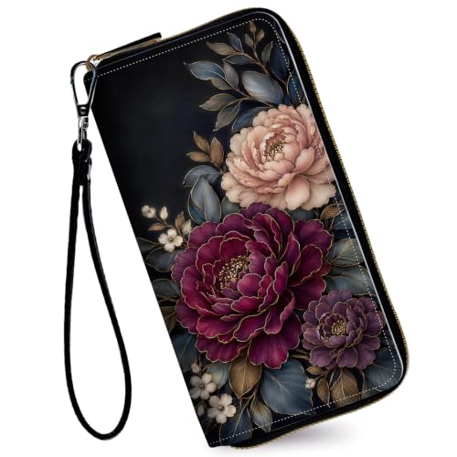 Image of Women's Wallets Credit Card Holder Money Leather Long Wallet | Long wallet with Wristlet,Large Capacity with Zip-Around Phone Purse for Women Ladies Girls,Peony Dark Floral