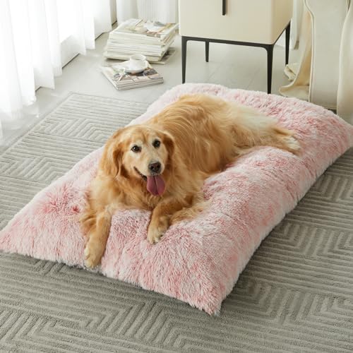 BFPETHOME Dog Beds for Large Dogs, Plush Kennel Pad - Fluffy Cozy &Ease Anxiety, Washable Dog Mats with Anti-Slip, 42(41 x 27 inch), Pink