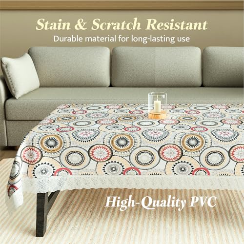 Image of Kuber Industries 40x60 Inch PVC Table Cloth 4 Seater | Multipurpose Dining Table Cover /Protector Sheet for Home, Party and Events | Rangoli Print - White