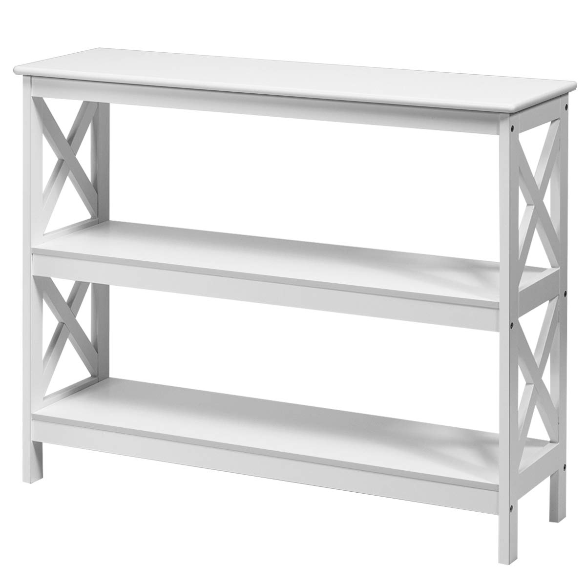 GOPLUS Consola de 3 Pisos, Mesa Estrecha de Pasillo, Mesa Auxiliar de Madera, Estable con Barra de Apoyo Lateral en Forma de X, Estilo rústico, barnizada y fácil de Limpiar, para Pasillo, salón