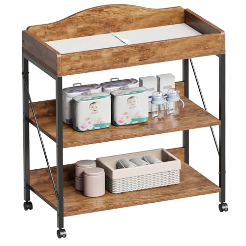 Image of Baby Changing Table, Diaper Station with Pad, 2-Tier Shelves, Rustic Brown