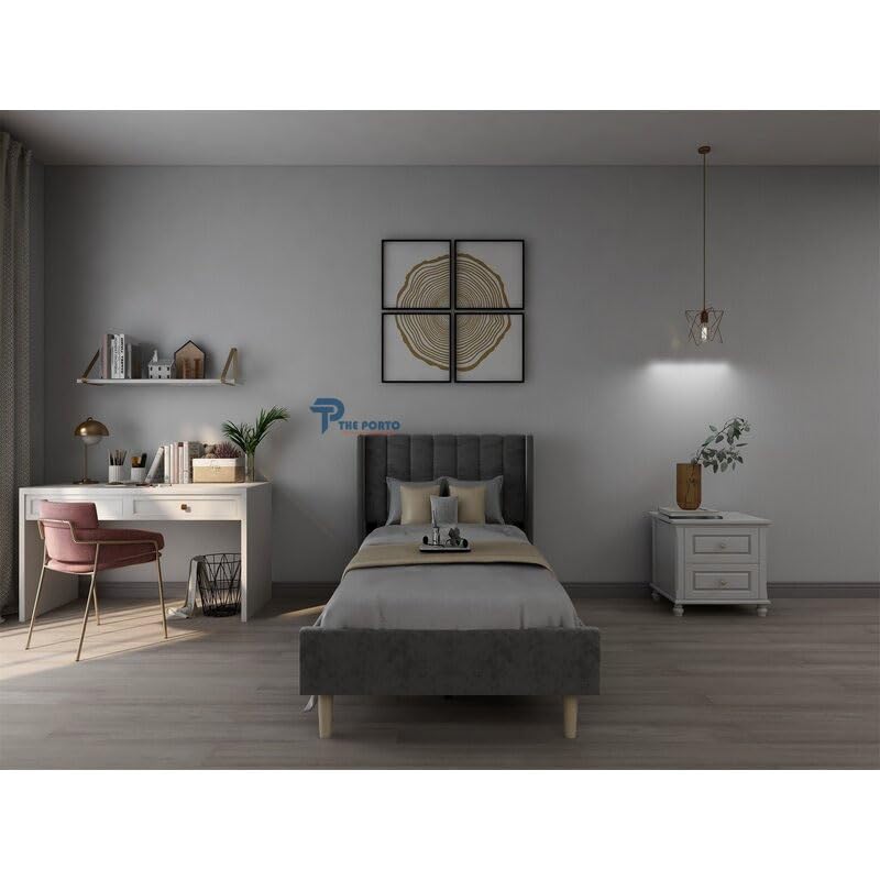 Image of Solid Wood Upholstered Single Bed for Bedroom Without Storage | Premium Fabric with Wingback Headboard | Wooden Single Bed Palang for Home | Stylish Single Cot Bed | 6 x 4 Ft, Grey