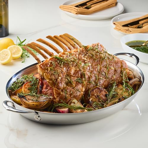 Image of Hestan Provisions Oval Roasting Pan and Au Gratin Dish, 5.5 Quart Clad Stainless Steel, 17.5 x 14 Inch - Designed with Thomas Keller, Oven Safe 600F, Dishwasher Safe