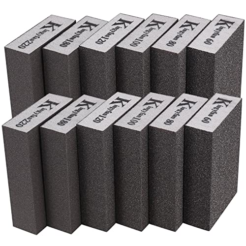 Aoyfuwell12 Pcs Sanding Blocks, Sanding Sponges Blocks Pads, Wet Dry Sanding Blocks Washable Reusable for Wood, Metal, Polish, Wall, Paint, Furniture, Hand Sanding - 80/100/120/180/220 Grit