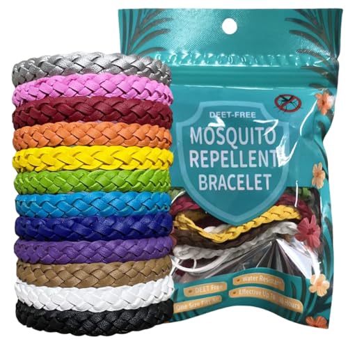 Mosquito Repellent Bracelet, 12 Pack Adjustable Leather Insect Repellent Bracelets Deet-Free Natural Mosquito Bands, Anti Mosquito Bracelet Suitable for Kids & Adults for Hiking and Camping