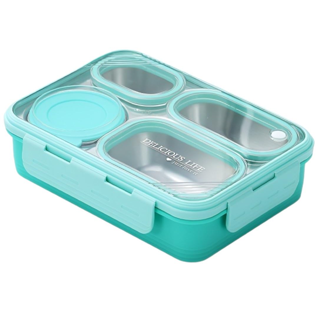 ATTRO Relish 4 Lunch Box Comes with 4 Inner Steel Compartments, 1 Small Bowl with lid, 1 Spoon & Chopstick Air-Tight Leakproof- 800ml + 150ml Mint Green