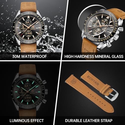 Image of BENYAR Mens Watches Quartz Movement Chronograph Leather Strap Fashion Business Sport Design 30M Waterproof Scratch Resistant Elegant Gifts for Men