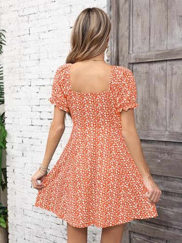 Image of Missufe Women's Puff Short Sleeve Drawstring Ruched Front Fit and Flare Floral Summer Casual Short Dress
