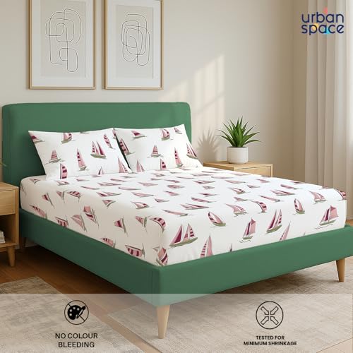 Image of Urban Space 144 TC Divine 100% Cotton Bedsheet for King Bed, Cotton Bedsheet with 2 Pillow Covers (Size 108 x 108 inches, Ocean Boats Maroon, King Size)