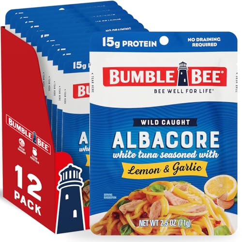 Image of Bumble Bee Lemon & Garlic Seasoned White Albacore Tuna in Water, 2.5 oz Pouch (Pack of 12) - Wild Caught Tuna - 15g Protein per Serving, High in Omega-3s - Non-GMO, Gluten Free - No Draining Required