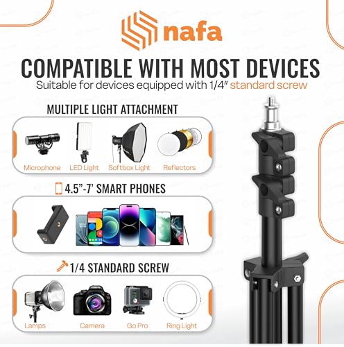 Image of NAFA Lightweight & Portable 7 Feet (84 Inch) Long Tripod Stand with Adjustable Mobile Clip Holder for All Mobiles & Cameras | Working Length of 800 mm to 2100 mm | Supports Weight Up to 5000 g