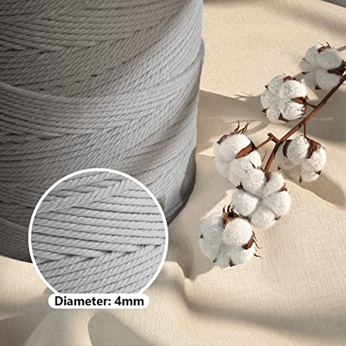 Image of ZUEXT Macrame Cord, Light Grey, 4mm x 547yds Cotton String Macrame Yarn | Natural Handmade, 4 Strands Twisted Cotton Rope, for Craft Wall Hanging Weaving Tapestry Dream Catchers Hanger DIY Gift, 500m