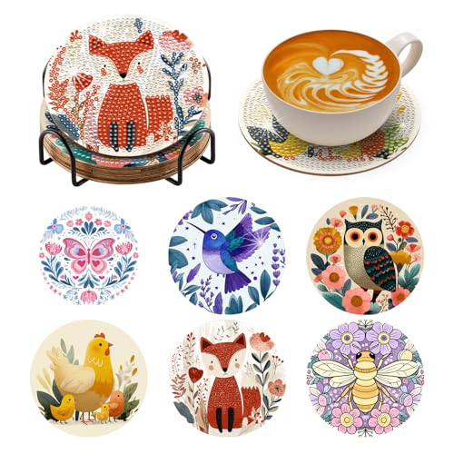 BNG Animals Diamond Paintings Coasters Kits Set with Holder 6Pcs Hummingbird Owl Art DIY Crafts Coasters for Adults Art Painting Kits for Women Beginners Diamond Craft Supplies