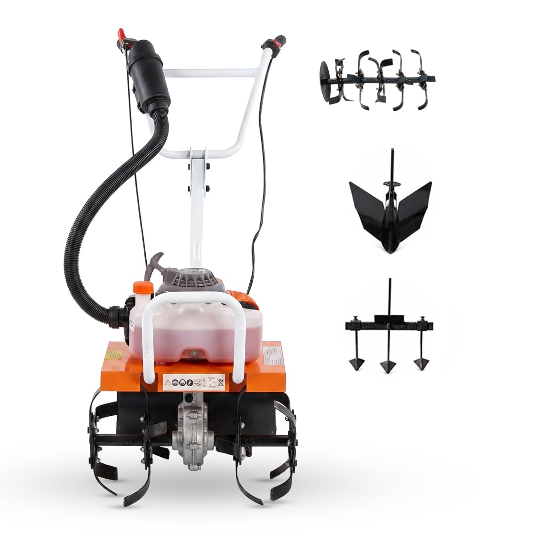rbw mini tiller power weeder 3.5 hp 2-stroke petrol engine tiller for agriculture machine, soil preparation & intercultivation, machine for vegetable fields, gardens & orchards (82cc power tiller)