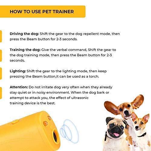 Inoosky Anti Barking Handheld 3 in 1 Pet LED Ultrasonic Dog Trainer Device - Electronic Dog Deterrent/Training Tool/Stop Barking (Yellow)