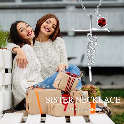 Sister Cross Necklace with Birthstone 925 Sterling Silver Birth Stone Sister Initial Pendant Necklace Cross Birthstone Jewelry Gifts for Women4