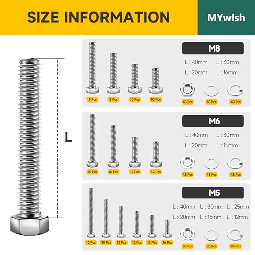 Mywish 660PCS M5 M6 M8 Bolt Screw Set, Assorted Hex Head Metric Bolt Assortment, 304 Stainless Steel, Bolts and Nuts Kit Flat & Spring Washers, Fully Thread