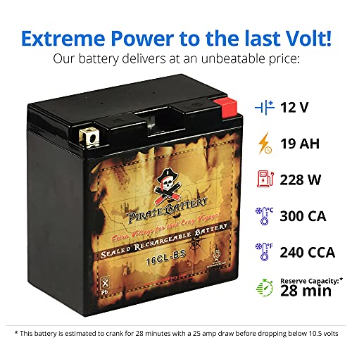 Image of Pirate Battery YB16CL-B 12 V 240 CCA AGM - Maintenance-Free 19 Ah Battery for Jet Ski, ATV, Snowmobile, Motorcycle - T3 Nut & Bolt Terminal - Fits Sea-Doo GTI & Yamaha WaveRunner VX