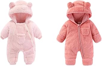 AiWMGL 0-3Months Newborn Baby Bear Outfit Suit Girls Boys Pink Fleece Jumpsuit Romper Hooded Coat Winter Clothes Newborn Baby Bear Outfit Suit Fold-Over Mittens Footies
