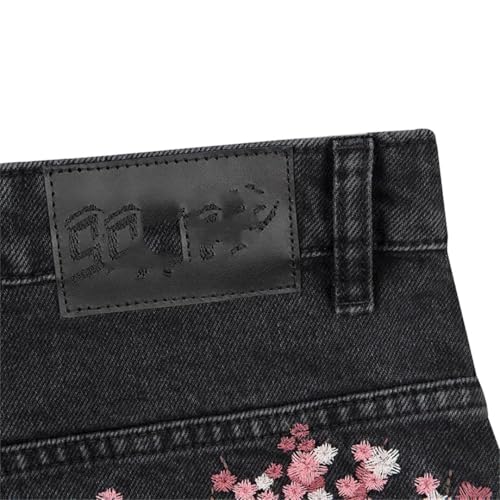 Men Retro Blossom Embroidery Splicing Design Loose Wide Leg Jeans3