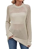 Famulily Oversized Womens Crochet Sweaters Soft Long Sleeve Mesh Cover Up Tops Crewneck Knit Pullover Blouse M Beige