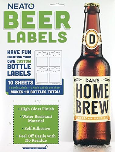 Neato Custom Beer Bottle Labels - Waterproof, Printable, Super Glossy, Vinyl, Tear Free Labels for Inkjet & Laser Printers, 10 Sheets - 40 Total Stickers - Includes Online Design Beer Label Software