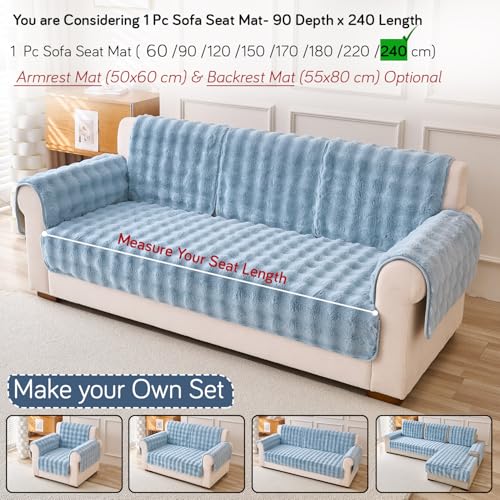 Image of HOKIPO 'FurHug' Premium Faux Fur Rabbit Sofa Cover Mats for L Shape and 1 /2 /3 Seater Sofa. Make Your Own Sofa Cover Set, Mat Length 90(D) x 240(L) cm, Charm Blue (AR-6290-BL)