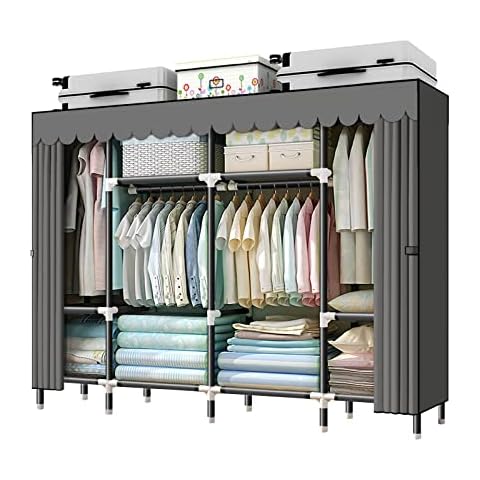 HESMENO Portable Wardrobe, Clothes Closet Storage Organizer with Hanging Rail & Shelves, Foldable Closet with Cloth Cover Quick and Easy to Assemble, Strong and Durable 200x43x168CM, Grey Cover