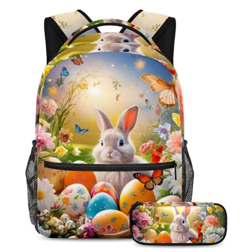 Sac à dos et trousse œuf de lapin de Pâques multicolore pour la rentrée scolaire