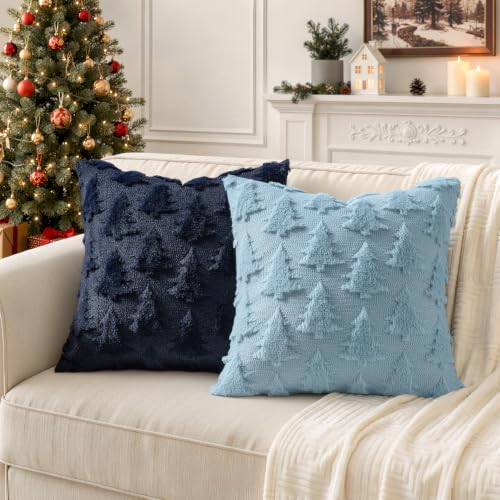 Image of MIULEE Christmas Throw Pillow Covers Navy Blue Christmas Decorations Set of 2 Xmas Tree 18x18 Pillow Covers Soft Plush Faux Wool Pillowcases Holiday Festivals Winter Home Decor Sofa Couch Bed Porch
