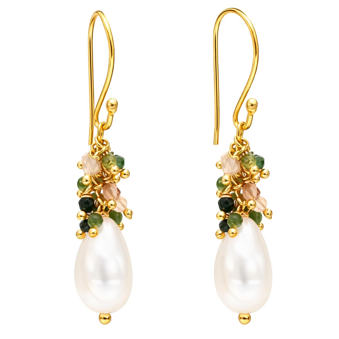 Gempires Fresh Pearl Drop Earrings for Women | 14K Gold Plated Pearl & Gemstone Bead Dangle Earrings | Hypoallergenic French Hook Earrings | Available