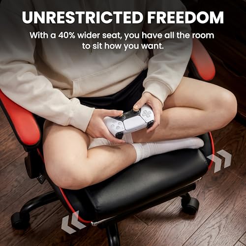 Image of Gaming Chair, Ergonomic Computer Chair with Footrest and Lumbar Support, Height Adjustable Office Chair with 360 Swivel Seat and Headrest (Red & Black)
