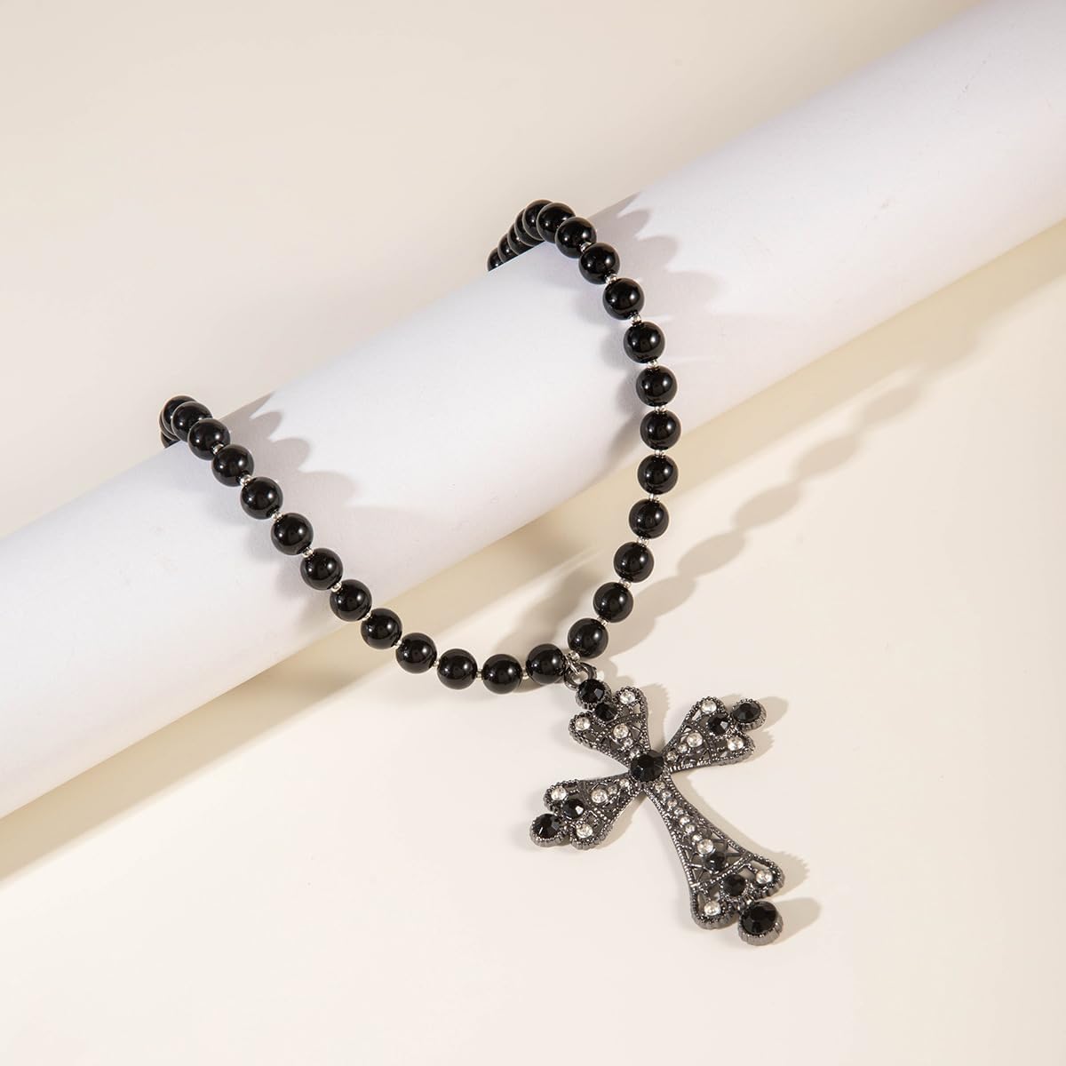 Gothic Cross Necklace for Women Exaggerate Big Pearl Beaded Cross Statement Necklaces Sparkling Crystal Choker Punk Chunky Statement Jewelry - Image 7